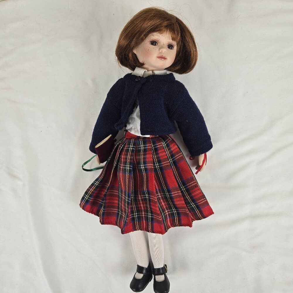 Vintage Porcelain Doll School Girl Red Hair Plaid Skirt Blue Sweater Black Shoes